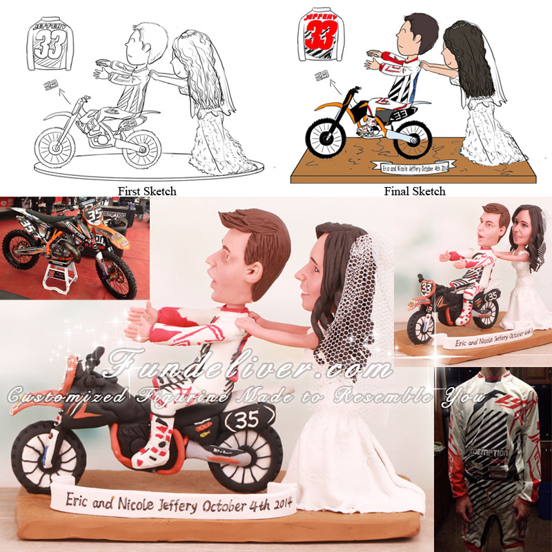 Bride Pulling Groom Away From Dirt bike Cake Toppers